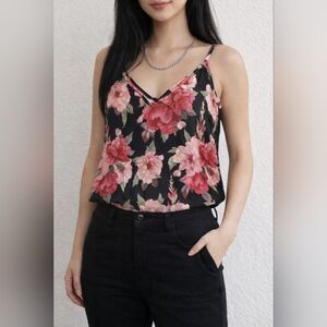 Elegant Floral V-Neck Camisole in Black and Pink. NWT